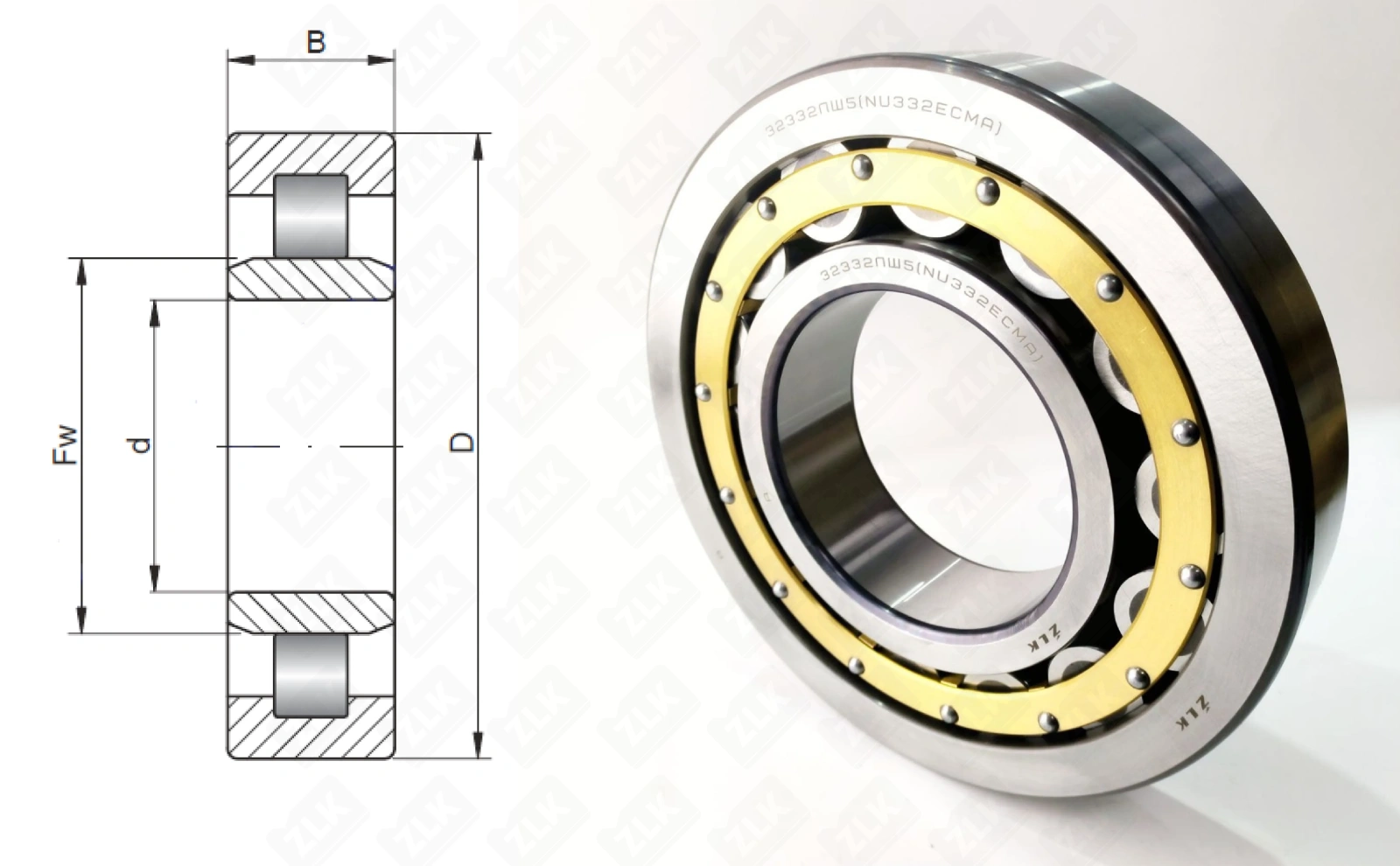 Подшипник роликовый 32332Л (NU332ECMAC4) 160×340×68 мм ZLK
