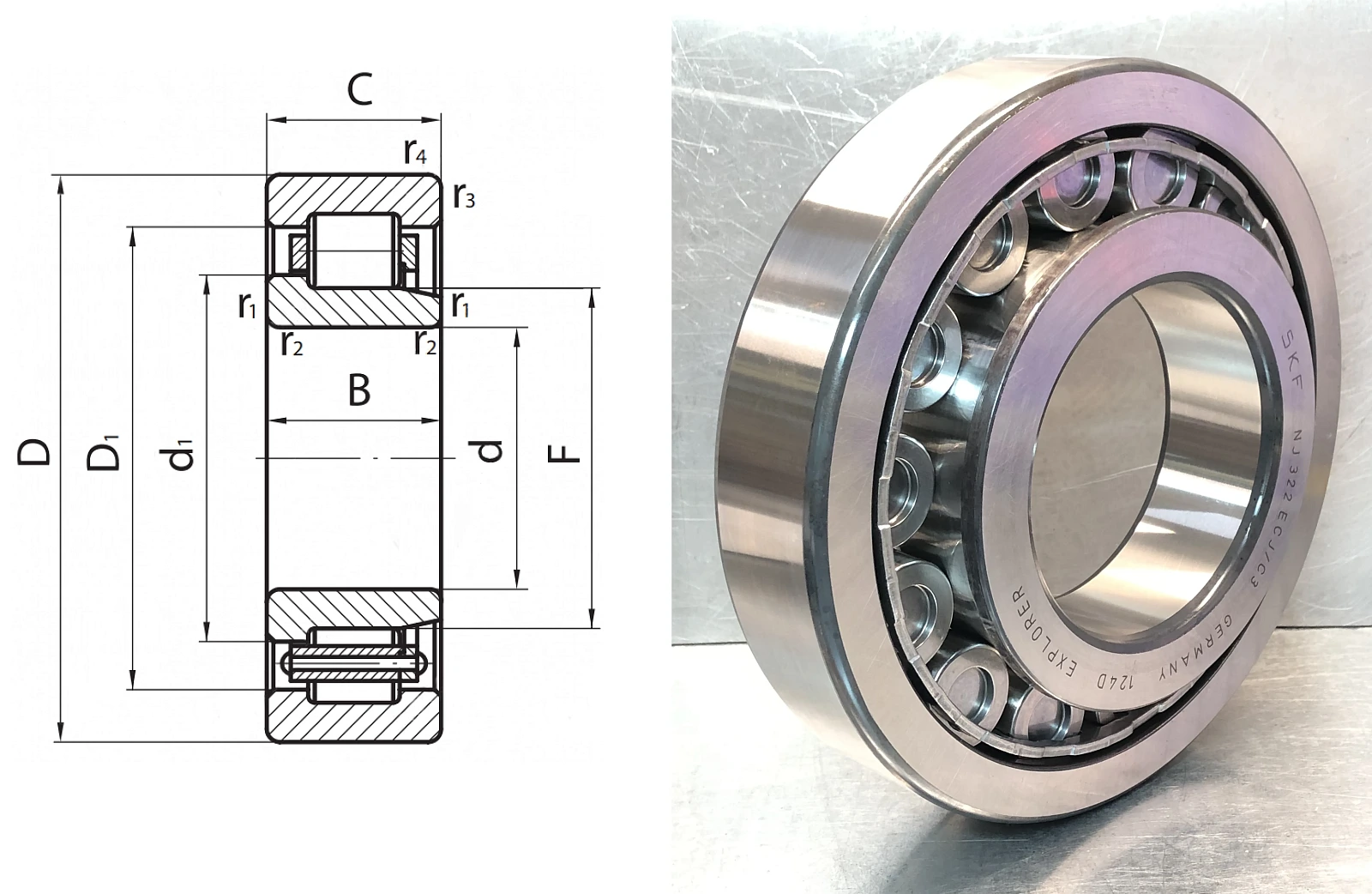 Подшипник роликовый 42322 (NJ322 ECJ/C3) 110×240×50 мм SKF оригинал