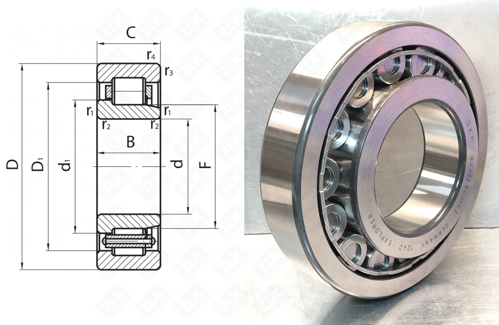 Подшипник роликовый 42322 (NJ322 ECJ/C3) 110×240×50 мм SKF оригинал