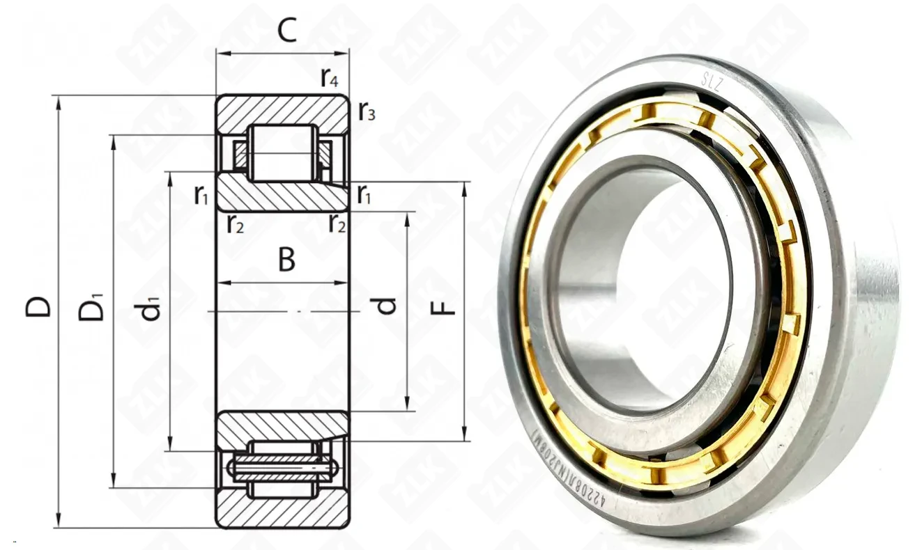 Подшипник роликовый 42208 Л (NJ208M) 40×80×18 мм SLZ