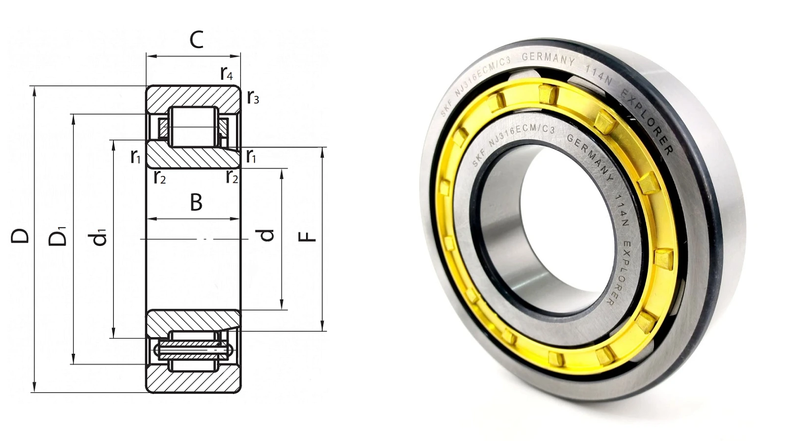 Подшипник роликовый 42316 Л (70) (NJ316ECMC3) 80×170×39 мм SKF оригинал