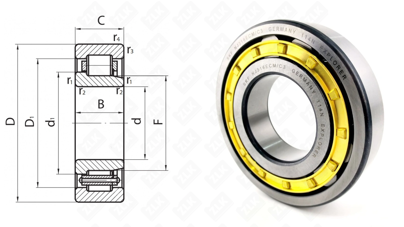 Подшипник роликовый 42316 Л (70) (NJ316ECMC3) 80×170×39 мм SKF оригинал