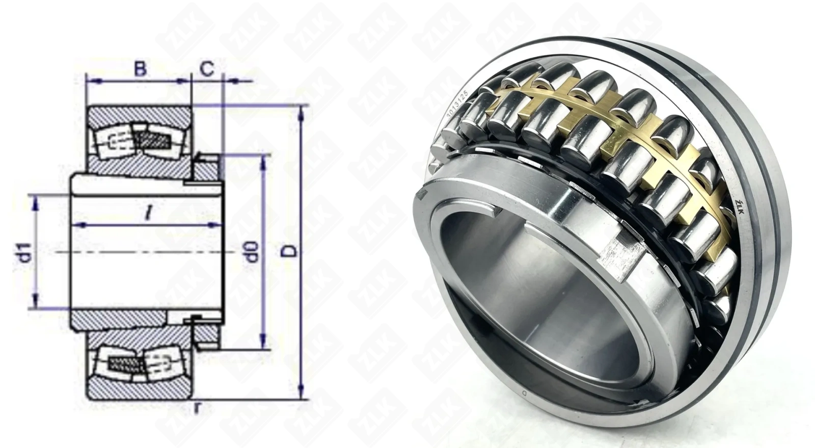 Подшипник роликовый 3013125 (23028EAK+H3028) 125×210×53 мм ZLK