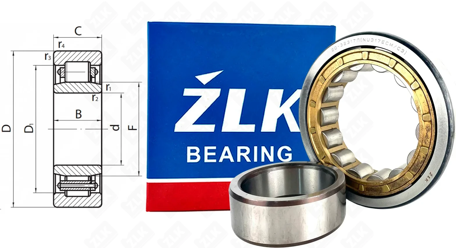 Подшипник роликовый 32317Л (NU317ECMC3,NU317WC3) 85×180×41 мм ZLK