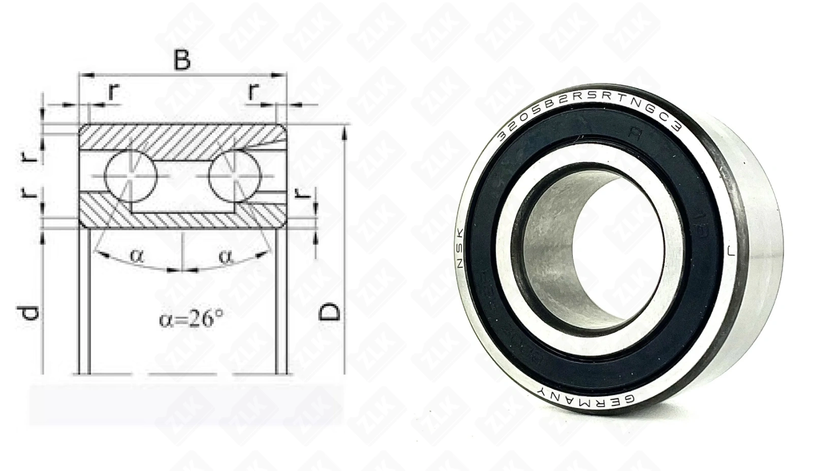 Подшипник шариковый 3056205 (5205B2RSRTNG/C3 3205B2RSR) 25×52×20.6 мм NSK оригинал