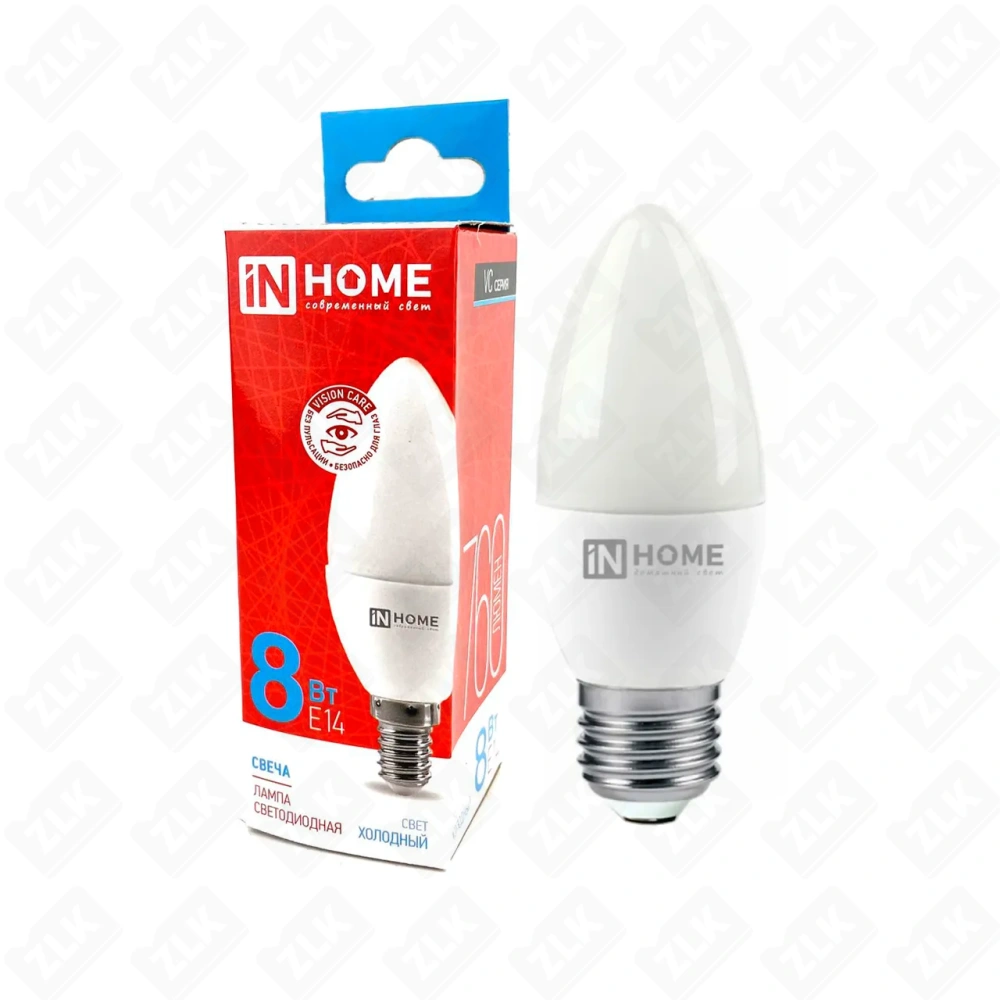 Лампа светодиодная LED-СВЕЧА-VC 8Вт свеча 6500К холод. бел. E14 230В IN HOME
