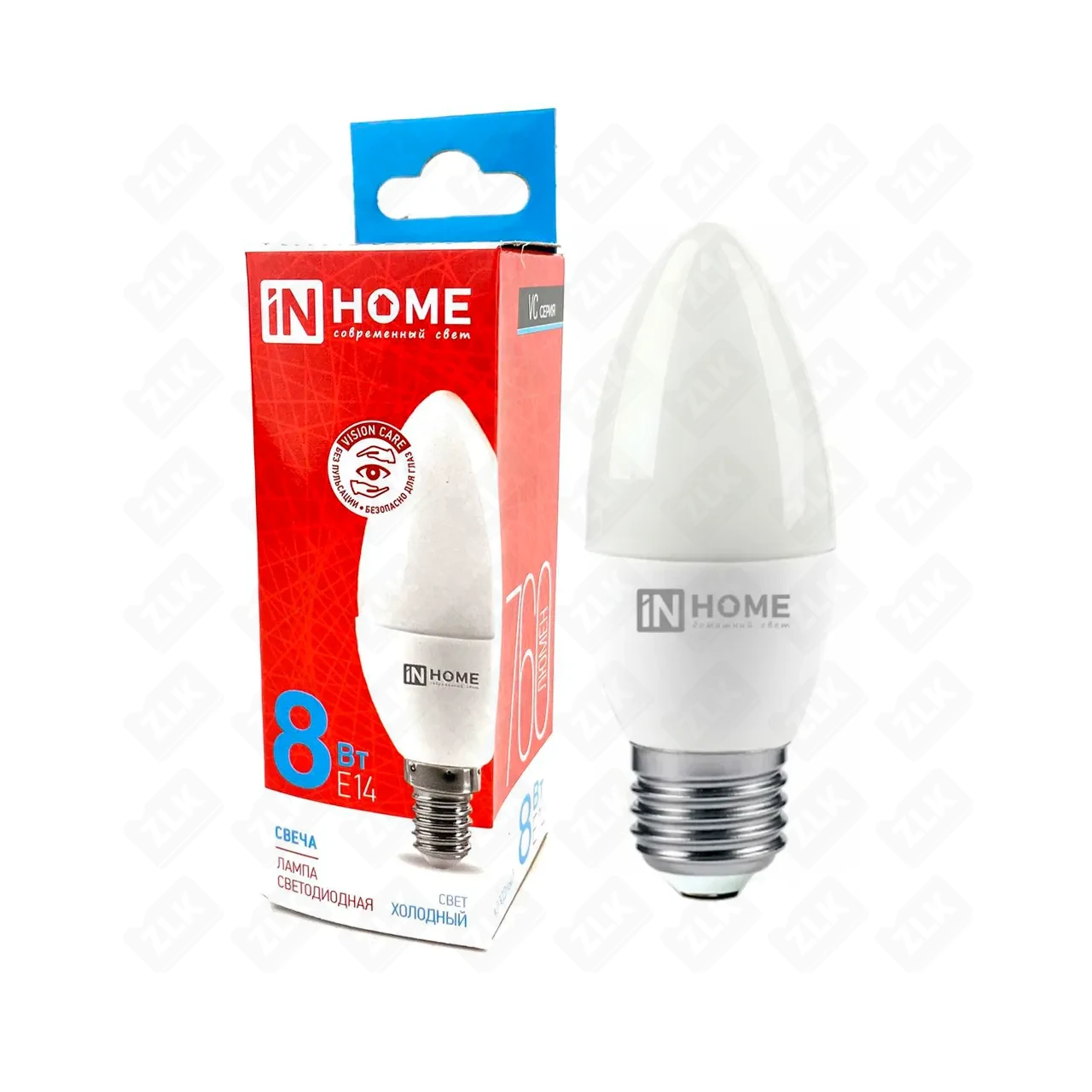 Лампа светодиодная LED-СВЕЧА-VC 8Вт свеча 6500К холод. бел. E14 230В IN HOME
