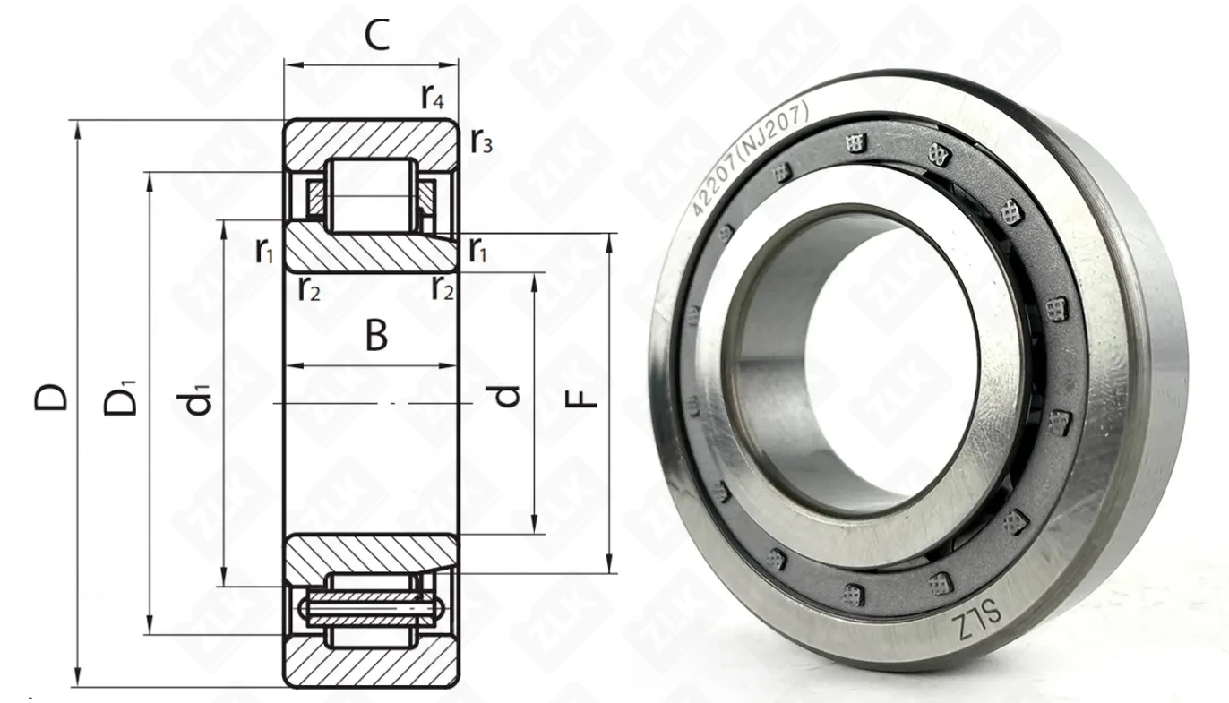 Подшипник роликовый 42207 КМ (NJ207) 35×72×17 мм SLZ