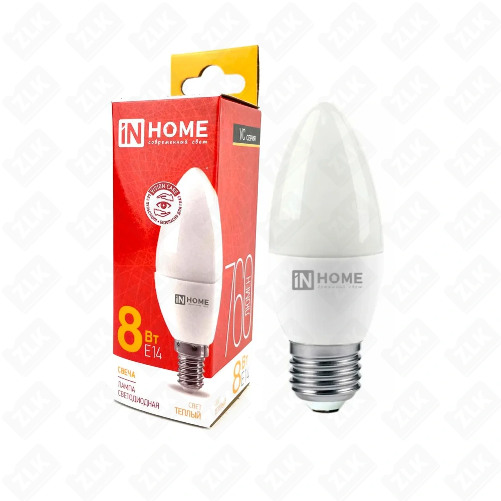 Лампа светодиодная LED-СВЕЧА-VC 8Вт свеча 3000К тепл. бел. E14 230В IN HOME